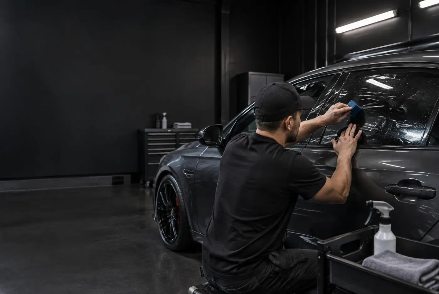 Mike Cole Motorsports installer applying window film